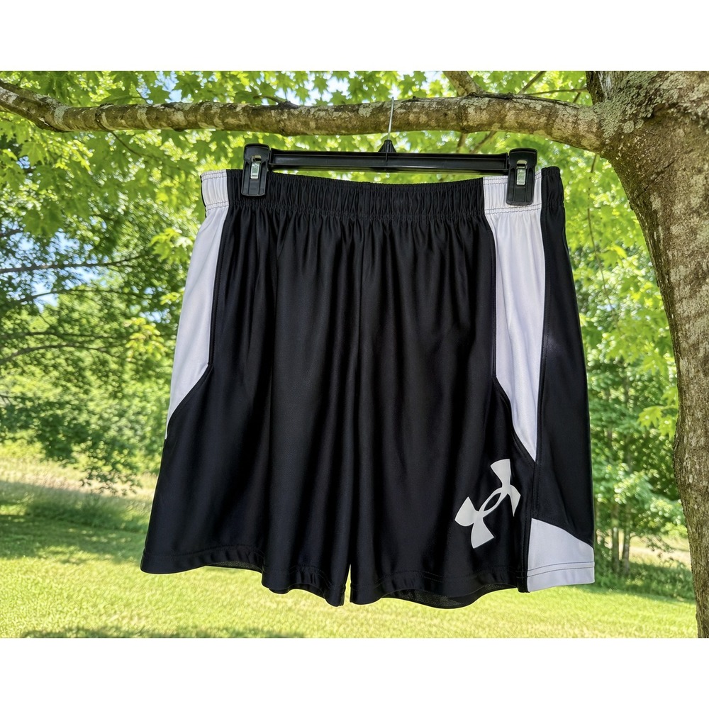 Under Armour Black White Athletic Shorts Men's Large Loose‎ HeatGear Training